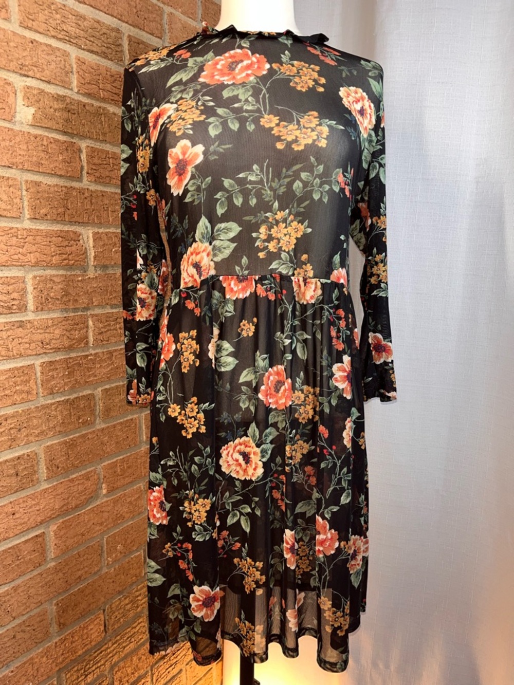 Monteau Black Floral Sheer Mesh Dress Size Large Boho Romantic Midi Ruffle Neck